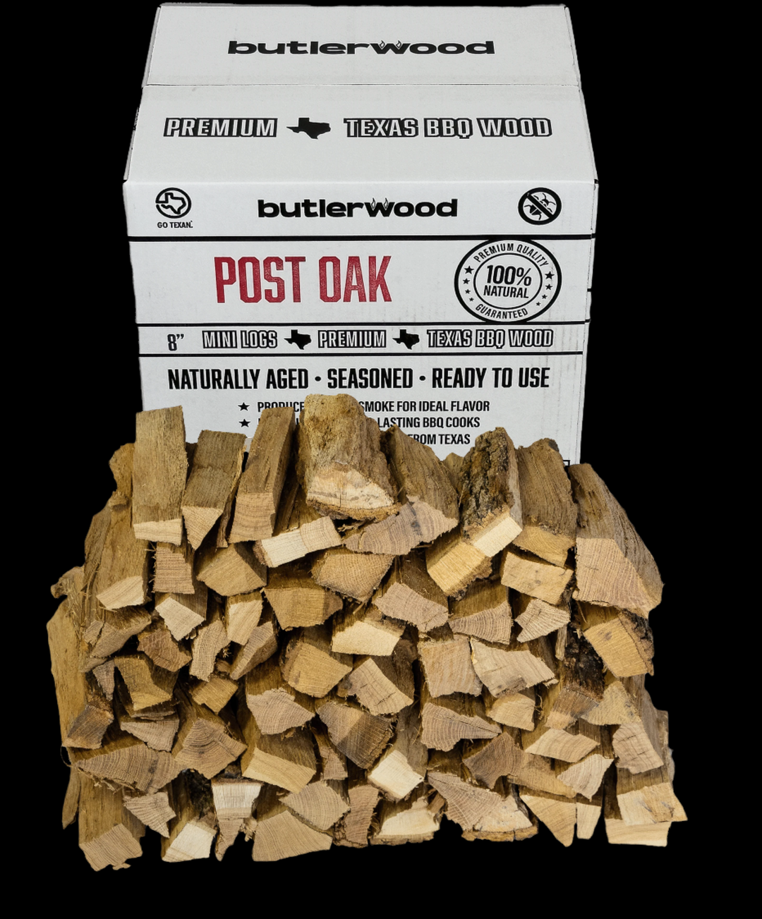 Close-up of split post oak cooking wood pieces arranged on a wooden surface, ideal for smoking and grilling.