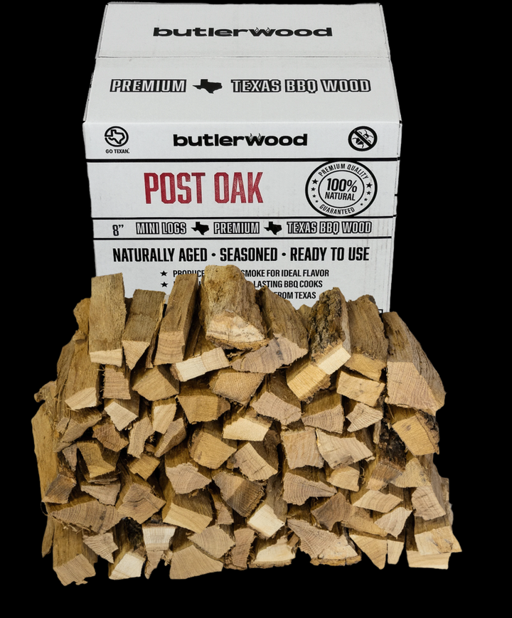 Close-up of split post oak cooking wood pieces arranged on a wooden surface, ideal for smoking and grilling.