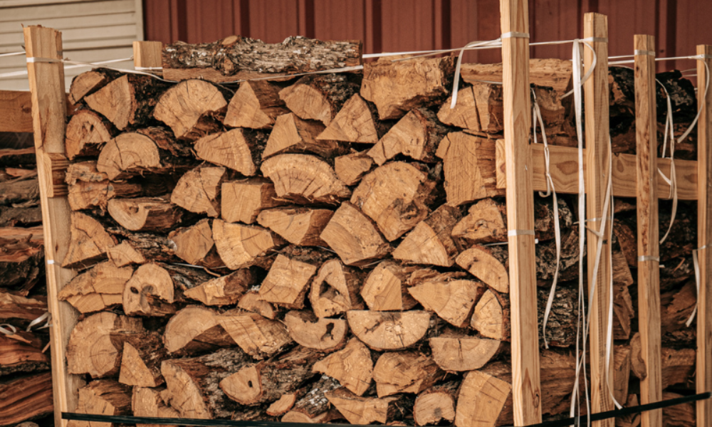 butlerwood firewood stacked in a wooden storage rack