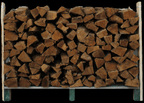 Wide stack of chopped wood on a wooden rack with transparent background.