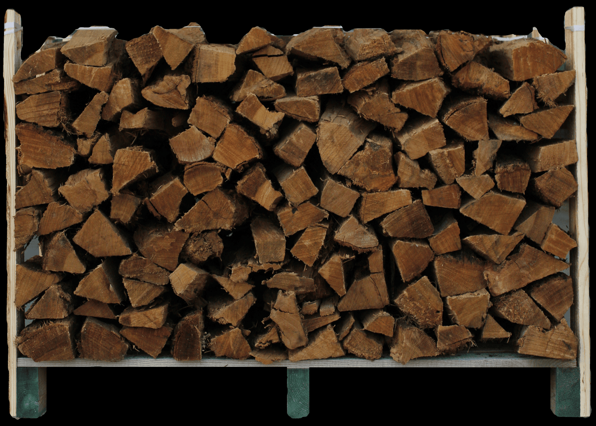 Wide stack of chopped wood on a wooden rack with transparent background.