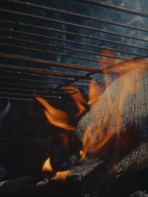 Close-up of a grill with metal grate bars above burning wood logs and visible orange flames.