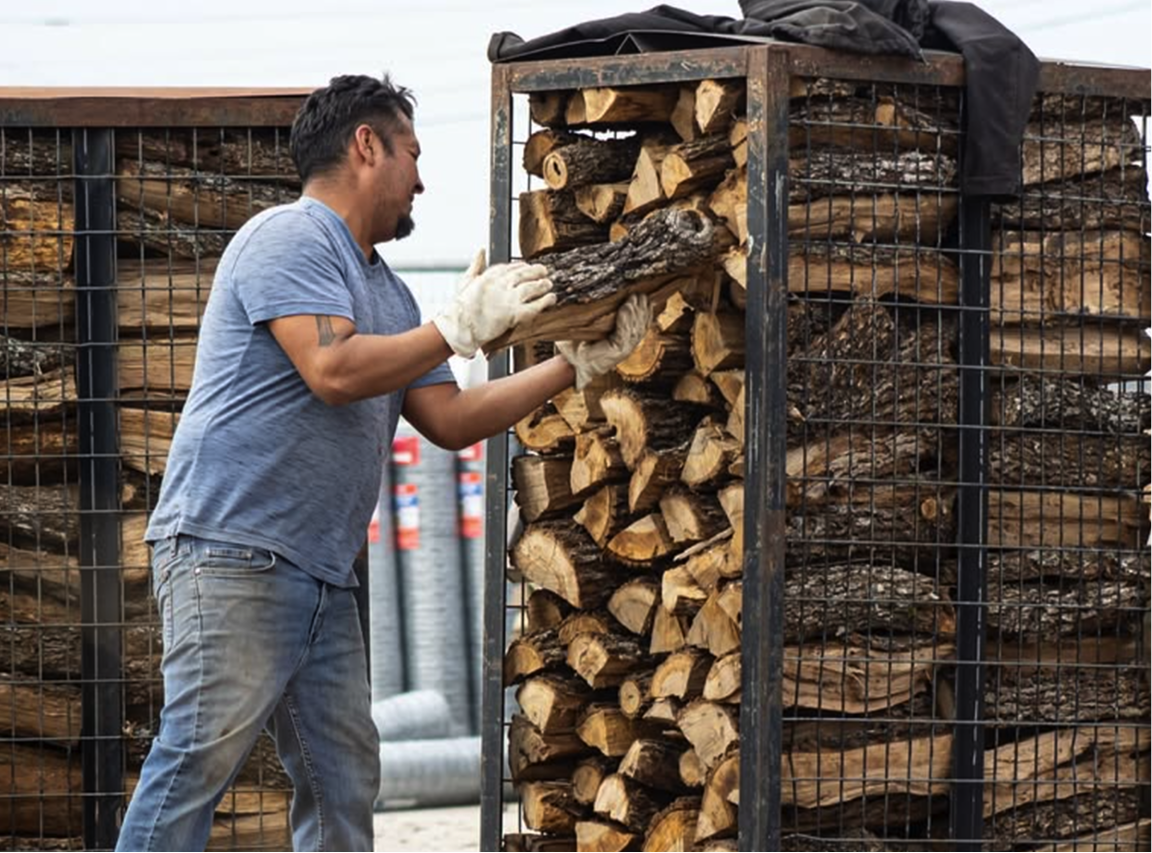 Team member inspecting stacked firewood for quality and customer satisfaction.