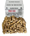 Close-up of split post oak cooking wood pieces arranged on a wooden surface, ideal for smoking and grilling.