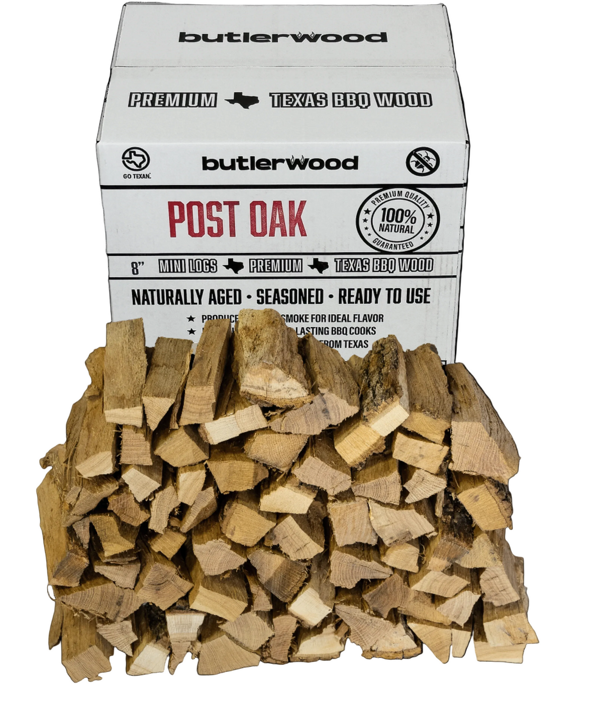 Close-up of split post oak cooking wood pieces arranged on a wooden surface, ideal for smoking and grilling.