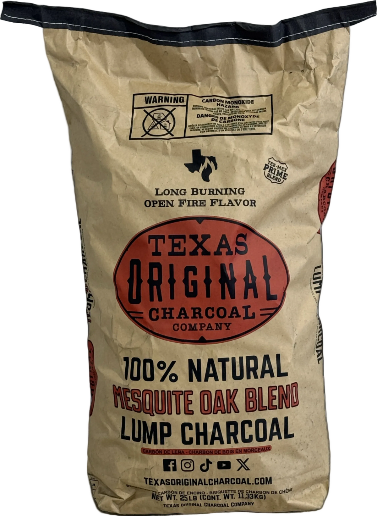 Bag of Texas Original Charcoal Company lump charcoal with branding and product details.