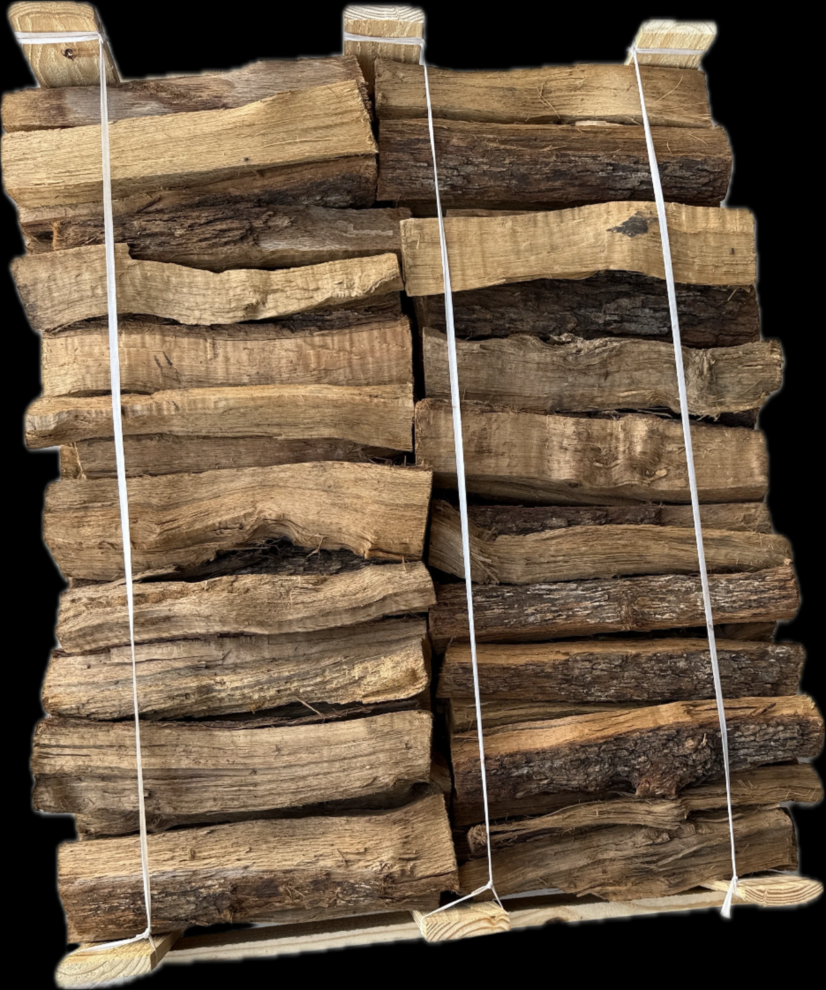 Stack of firewood tied together with twine on a transparent background.