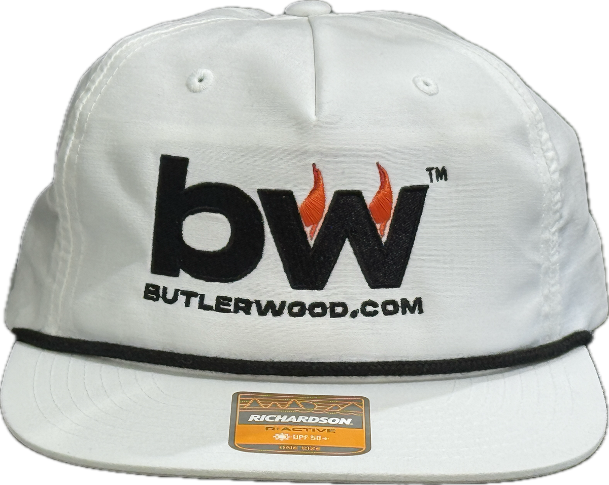 White cap with Butlerwood logo on a transparent background.