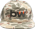 Camouflage-patterned cap with Butlerwood logo on a transparent background.