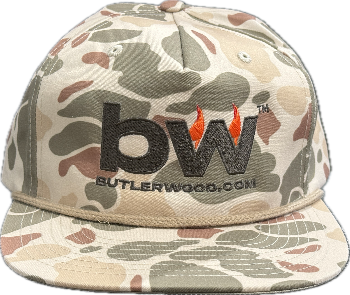 Camouflage-patterned cap with Butlerwood logo on a transparent background.