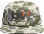 Camouflage-patterned cap with Butlerwood logo on a transparent background.