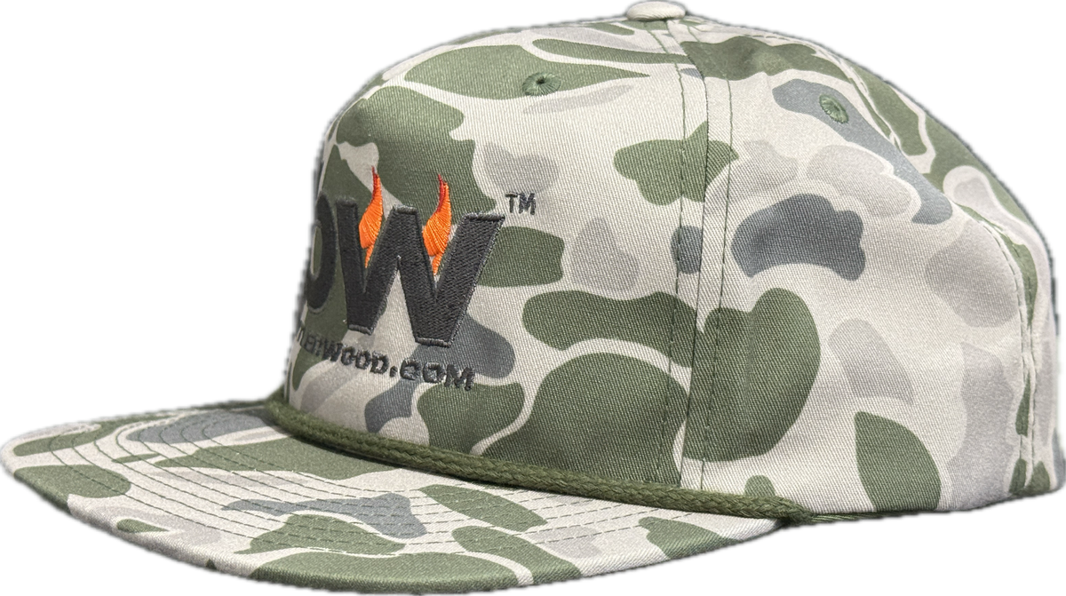 Camouflage-patterned cap with Butlerwood logo on a transparent background.