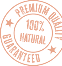 An orange circular stamp-style graphic with the words "PREMIUM QUALITY," "100% NATURAL," and "GUARANTEED" on a black background.
