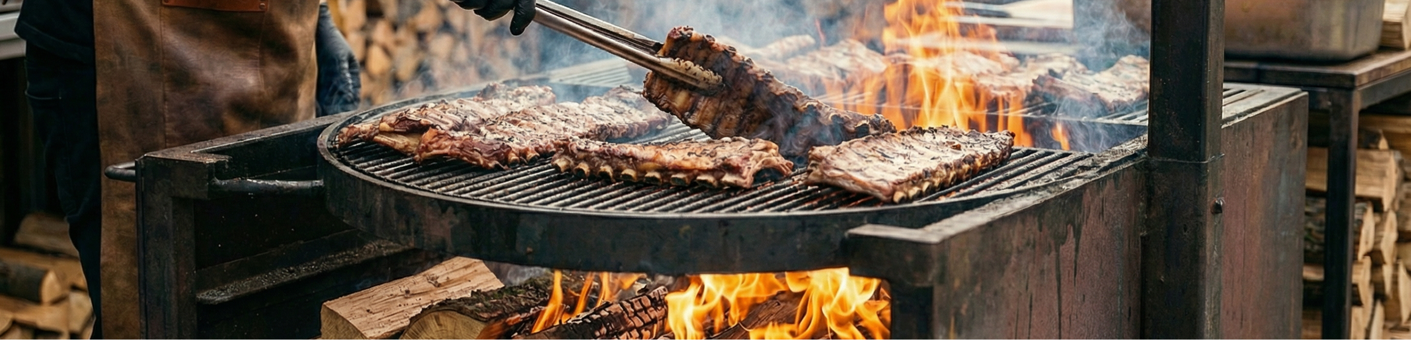 Person grilling meat over an open flame on a barbecue.
