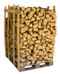 Close-up of post oak cooking wood logs neatly stacked, showcasing the texture and quality of the wood.